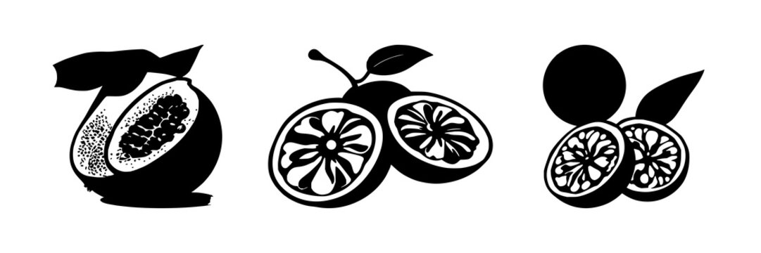 Passion fruit set with solid black silhouettes of whole and half fruit featuring exotic botanical theme with white background