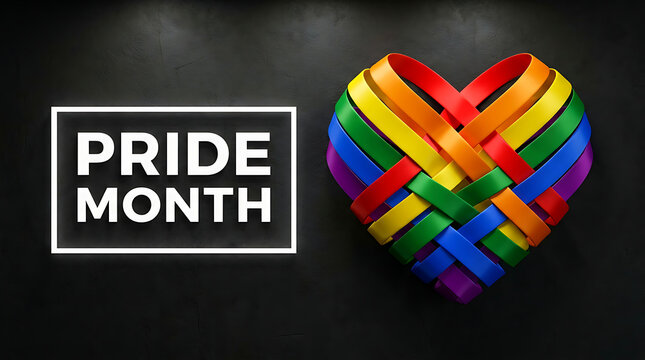 Pride Month text with a woven rainbow heart shape on a dark textured background for social awareness