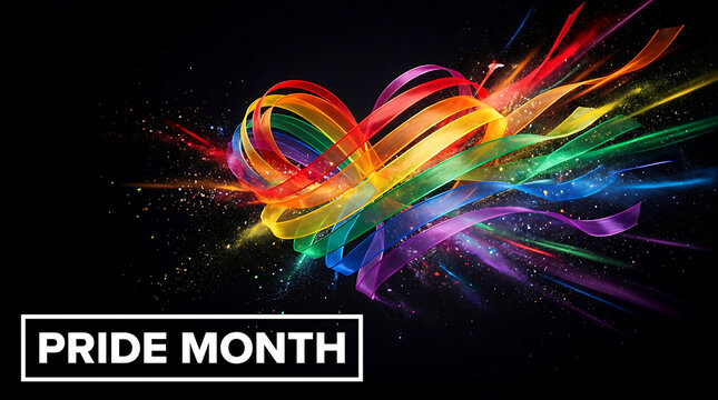 Abstract rainbow heart shape formed by flowing ribbons with glowing particles on a dark black background