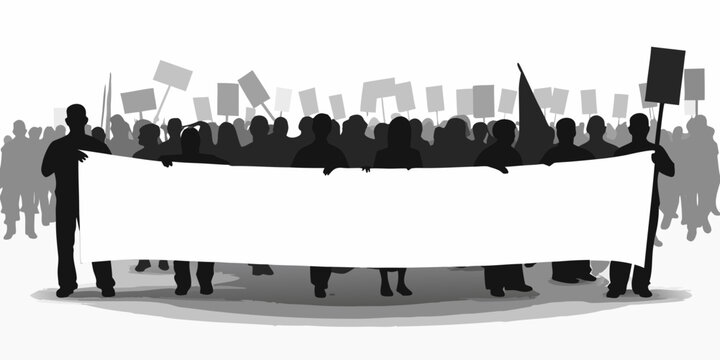 Protest banner held by crowd silhouettes grayscale vector illustration on white background