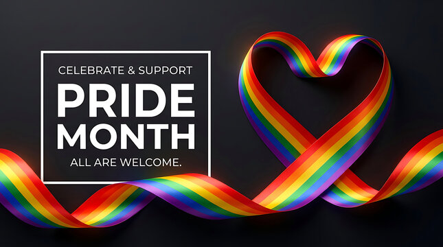 Rainbow ribbon shaped as a heart on black background for pride month celebration and equality concept
