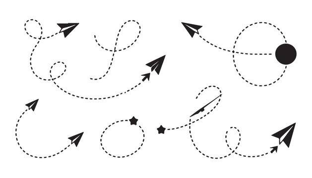 Paper plane flight paths set with dashed lines icons representing travel routes on transparent background.
