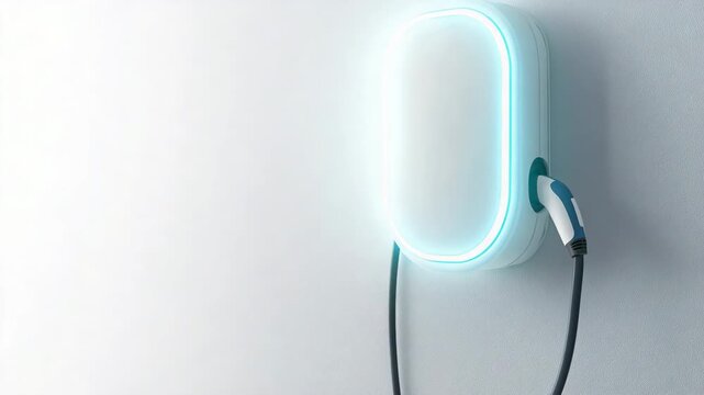 Electric vehicle charging station indicating the charging process with a glowing blue light, representing clean energy, renewable power, and sustainable transportation