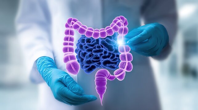 Detailed medical 3D illustration of colorectal cancer development inside human large intestine, showing malignant tumor growth, intestinal wall lesions, polyp deterioration, digestive system pathology