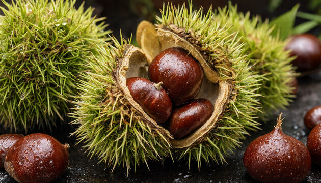 Fresh chestnuts in their spiky green burrs with some nuts scattered on a dark surface, showing the brown shells and sharp protective husks