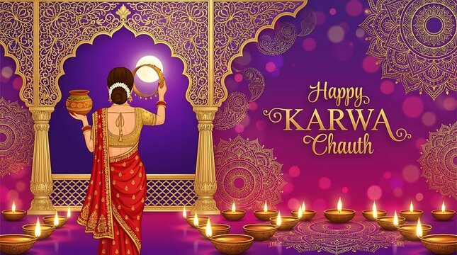 Happy karwa chauth greeting card with woman looking at moon through a sieve