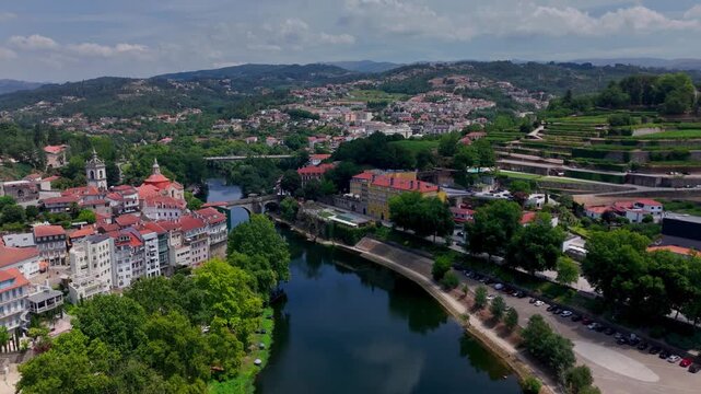Aerial View of River Tamega and Sao Goncalo Bridge, Amarante, Portugal