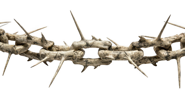 A chain made of sharp, weathered bonelike thorns isolated on transparent background