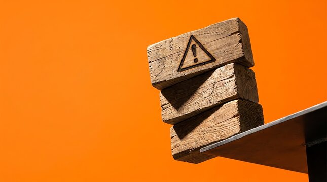 Warning Sign on Stacked Wooden Blocks at Edge of Surface
