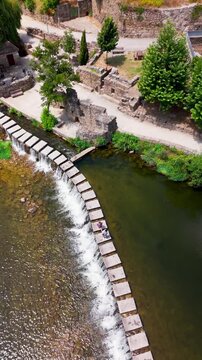 Establishing Shot of Poldras Stepping Stones Over, Amarante, Portugal