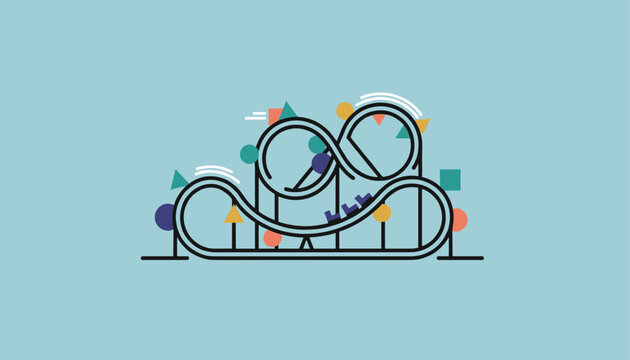 Stylized roller coaster track design with loop-de-loops and geometric shapes in a vibrant flat color aesthetic on blue background.