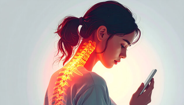 Person looking at phone with rounded posture captures gently cautionary tech neck spine discomfort atmosphere generative AI
