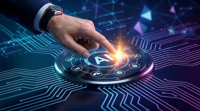 Hand pressing glowing artificial intelligence button on digital circuit board interface activating smart business automation network.