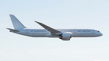 Fototapeta premium A sleek sci-fi jetliner flying through the clear sky as a concept design for futuristic aviation travel and advanced long distance aerospace transportation