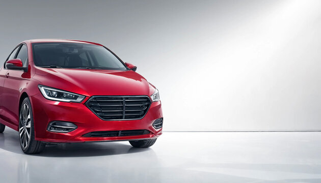 Red sedan parked showing front three-quarter view on a clean white background with copy space. The image presents modern styling and glossy finish suitable for automotive advertising.