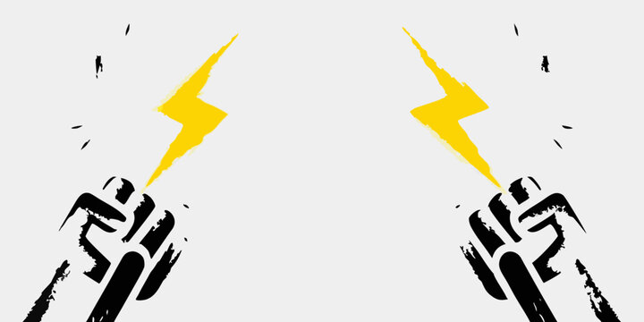 Raised Fists With Yellow Lightning Bolts Black Stencil Illustration On White Background