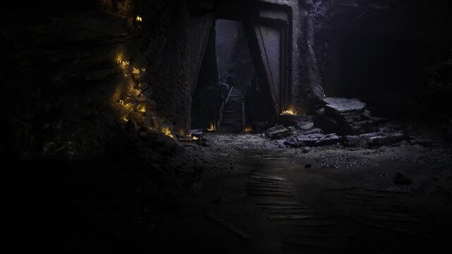 mysterious practitioner performs candlelit ritual at threshold, hooded figure chanting near glowing altar, wax pooled on flagstones and sigils etched on walls,