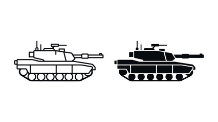 Armored Might: Two stylized depictions of a modern tank, one in outline and the other in solid black silhouette, showcasing powerful military engineering. © sajna
