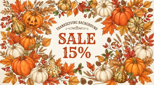Festive thanksgiving background with pumpkins fall foliage for sale promotions