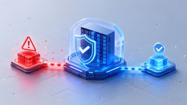 A powerful cybersecurity shield protecting a data server from incoming digital threats, ensuring secure information flow and system integrity in a trusted network environment.