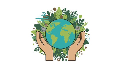 Fototapeta premium Stylized illustration of human hands cradling the earth globe surrounded by green leaves symbolizing global nature conservation efforts.