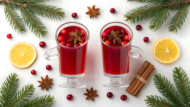 Festive cranberry cocktail with citrus garnish in holiday glasses. Winter drink recipe with cinnamon sticks and fresh cranberries for Christmas cel...