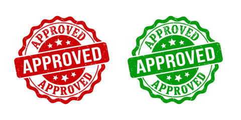 Obraz premium Red and green grunge rubber stamp seals with approved text vector illustration.