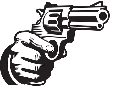 Hand holding a handgun, aggressive action, crime symbol, dangerous weapon, threat concept.