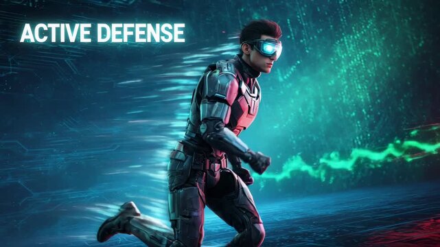 Cyberpunk warrior dodging laser fire active defense combat dodge