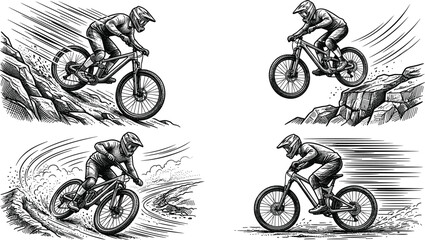 Fototapeta premium Extreme Mountain Bike Downhill Rider Vector Set with Engraved Linocut Sketch Illustrations of Cyclists Racing and Jumping on Rough Rocky Trails