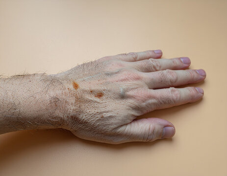 close up of a human hand displaying clinically accurate chronic arsenic exposure with hyperpigmentation and mild hyperkeratosis on a minimalist beige background
