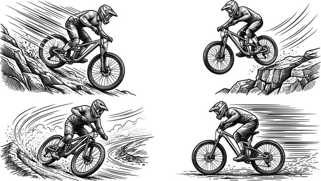 Extreme Mountain Bike Downhill Rider Vector Set with Engraved Linocut Sketch Illustrations of Cyclists Racing and Jumping on Rough Rocky Trails