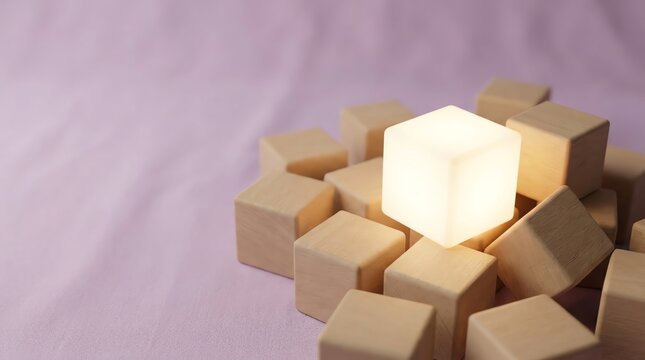 Glowing Cube Stands Out From Pile of Wooden Blocks