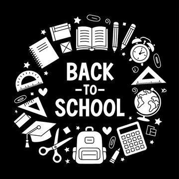 Back to school vector illustration with educational supplies on black background