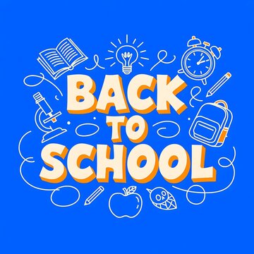 Back to school lettering with educational icons on a bright blue background