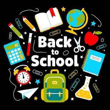 Back to school background with colorful school supplies on black background