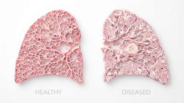 Comparison of healthy lung tissue and diseased lung tissue showing structural changes and damage