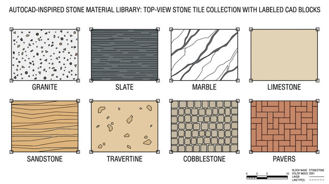 Illustrative top-view CAD blocks of diverse stone tile patterns for design