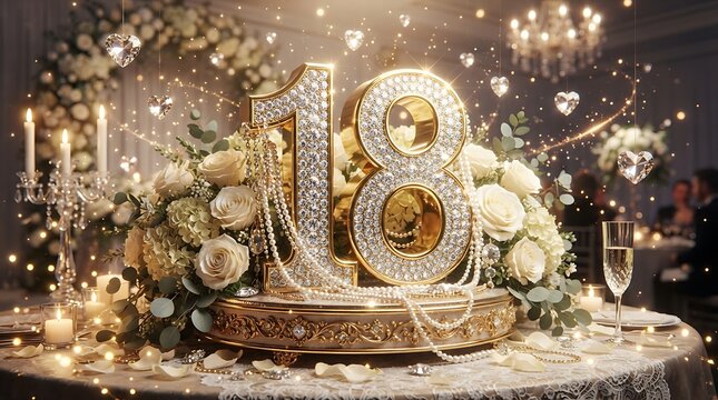 Eighteen birthday celebration with gold numbers and white roses on a table