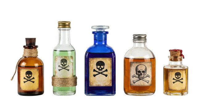 Set of vintage glass bottles with poison skull and crossbones labels isolated on transparent background
