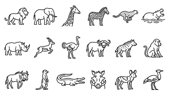 Set of diverse wild African safari animals icons collection including lion elephant giraffe zebra leopard hippo rhino antelope ostrich buffalo hyena monkey wildebeest meerkat crocodile warthog and