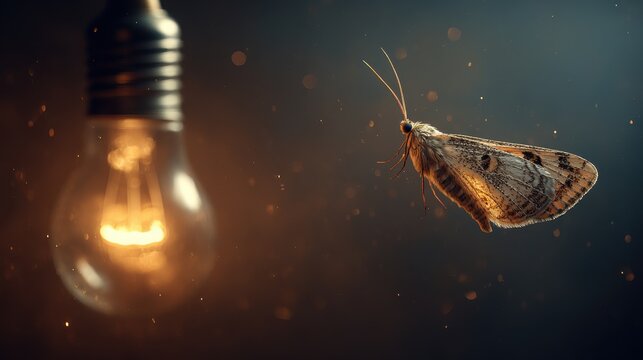 Macro photograph of a moth midflight by a glowing light source in shadows