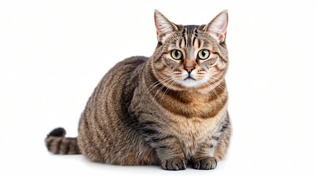 Overweight tabby cat with green eyes turning its head and looking at camera, studio shot of a domestic feline pet with curious expression isolated on white background