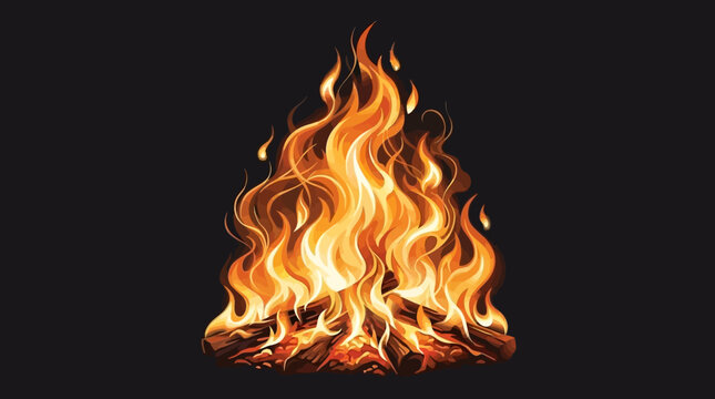 Fire burning with bright orange flames consumes wooden logs against a dark background.