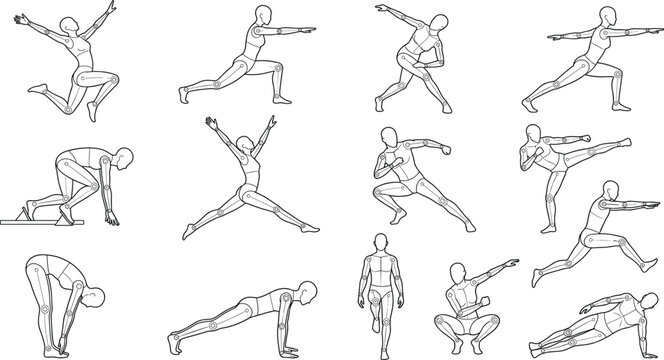 Articulated human dummy character poses set for drawing and animation vectors