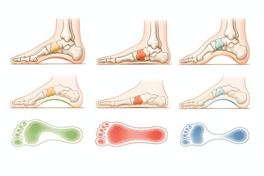 Flat feet fallen arch comparison diagram, foot arch types, podiatry medical illustration comparing normal arch, flat foot and high arch with pressure distribution footprints.