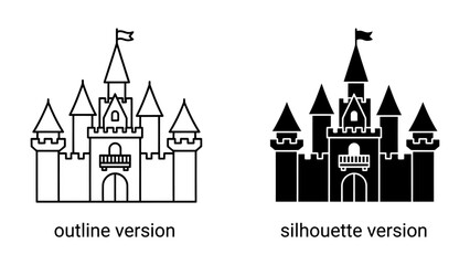 Castle Icons: Two stylized castle illustrations, one an outline and the other a silhouette, showcasing medieval architecture and design elements. © khaleda