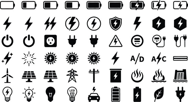 Collection of various electricity and energy related icons with transparent background