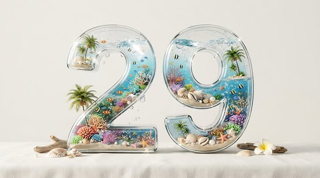 2029 New Year celebration with golden glitter numbers. Luxury party decor featuring shiny metallic digits and tropical floral accents.