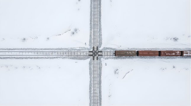Aerial view of a cargo train crossing snow covered railway tracks in winter